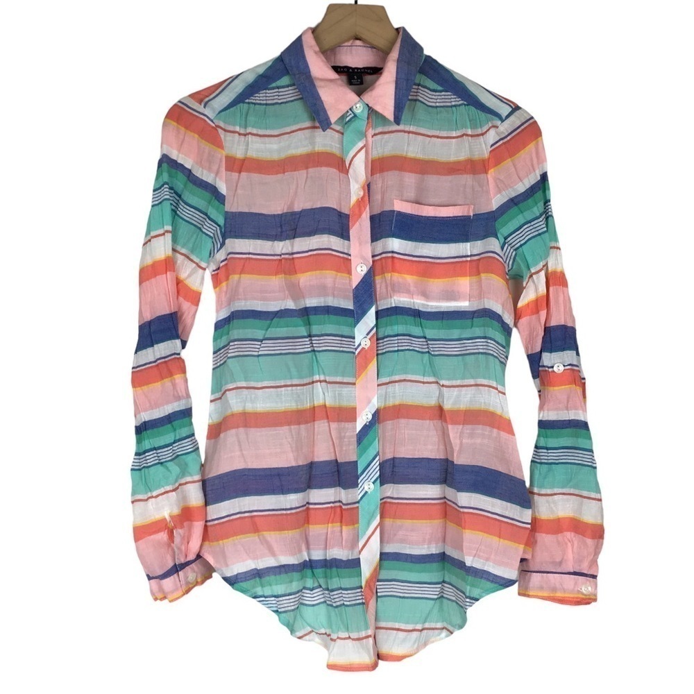 ZAC & RACHEL Button Down Shirt Stripe 3/4 Roll Tab Sleeve Lightweight Size Small